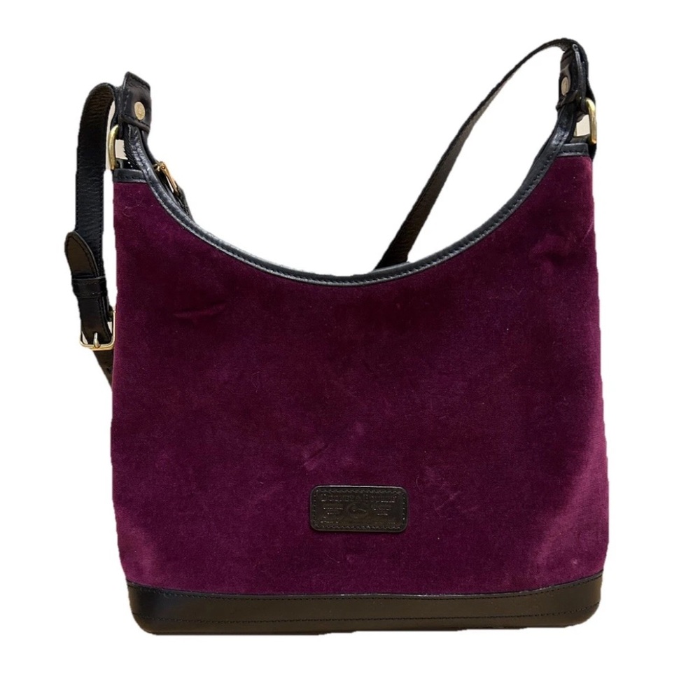 Rare Vintage Dooney & Bourke Purple Velvet Hobo Bag Black Leather Trim USA 80s - Picture 2 of 11